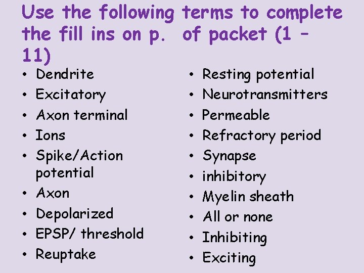 Use the following terms to complete the fill ins on p. of packet (1