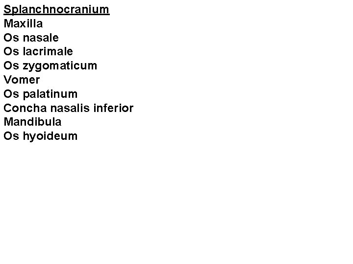 Splanchnocranium Maxilla Os nasale Os lacrimale Os zygomaticum Vomer Os palatinum Concha nasalis inferior