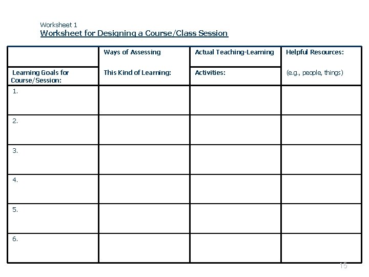 Worksheet 1 Worksheet for Designing a Course/Class Session Learning Goals for Course/Session: Ways of