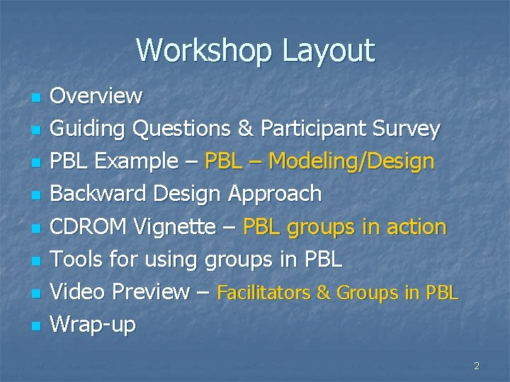 Workshop Layout n n n n Overview Guiding Questions & Participant Survey PBL Example