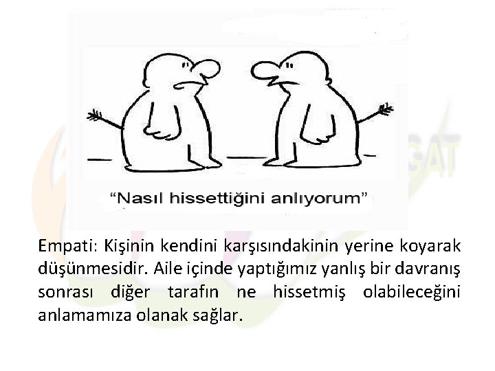 Empati: Kişinin kendini karşısındakinin yerine koyarak düşünmesidir. Aile içinde yaptığımız yanlış bir davranış sonrası