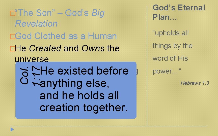 �“The Son” – God’s Big Revelation �God Clothed as a Human �He Created and