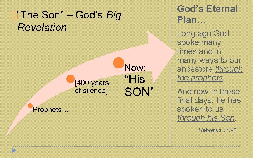 God’s Eternal Plan… �“The Son” – God’s Big Revelation Now: [400 years of silence]