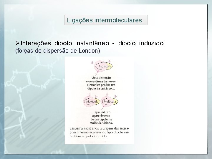 Ligações intermoleculares ØInterações dipolo instantâneo - dipolo induzido (forças de dispersão de London) 