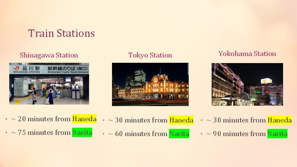 Train Stations Shinagawa Station Tokyo Station Yokohama Station • ~ 20 minutes from Haneda