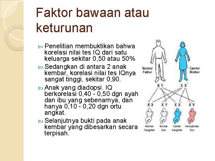 Faktor bawaan atau keturunan Penelitian membuktikan bahwa korelasi nilai tes IQ dari satu keluarga