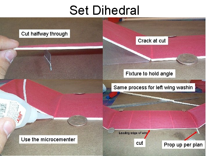 Set Dihedral Cut halfway through Crack at cut Fixture to hold angle Same process