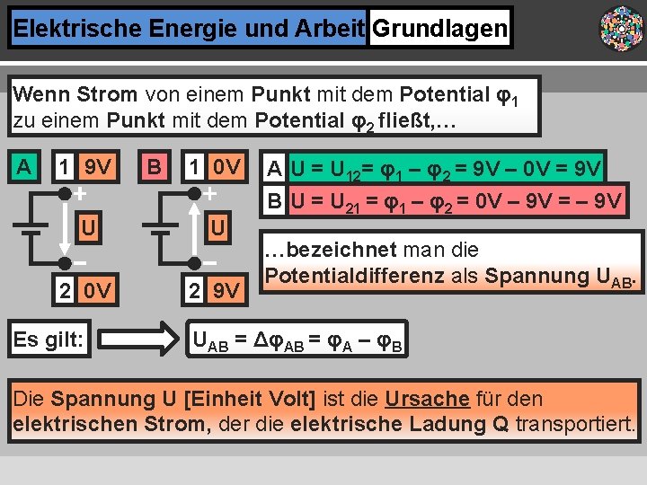 Elektrische Energie und Arbeit Grundlagen Wenn Strom von einem Punkt mit dem Potential φ1