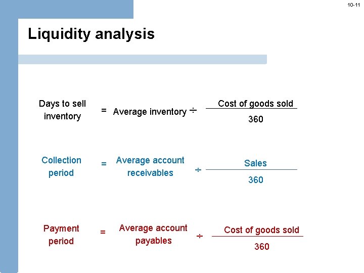 10 -11 Liquidity analysis Days to sell inventory = Average inventory ÷ Collection period