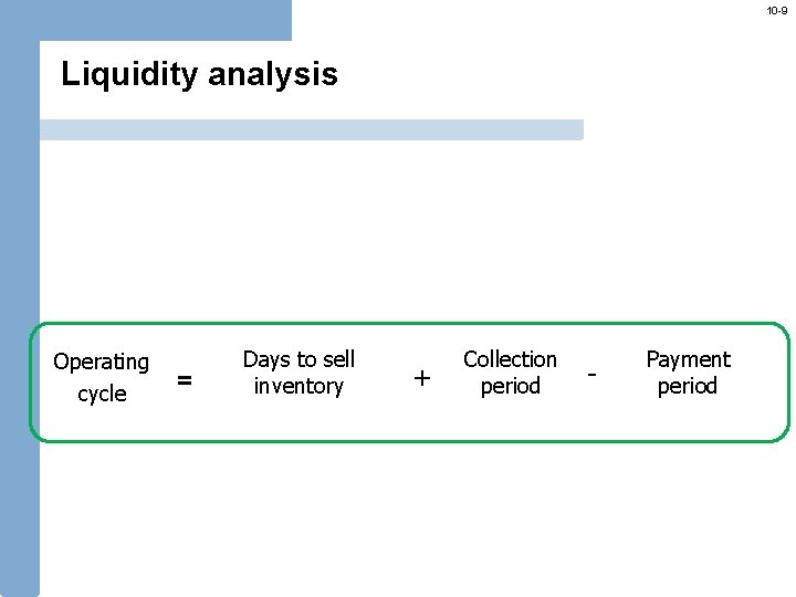 10 -9 Liquidity analysis Operating cycle = Days to sell inventory + Collection period