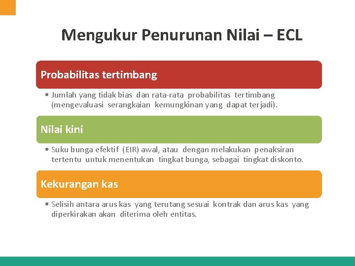 Mengukur Penurunan Nilai – ECL Probabilitas tertimbang • Jumlah yang tidak bias dan rata-rata