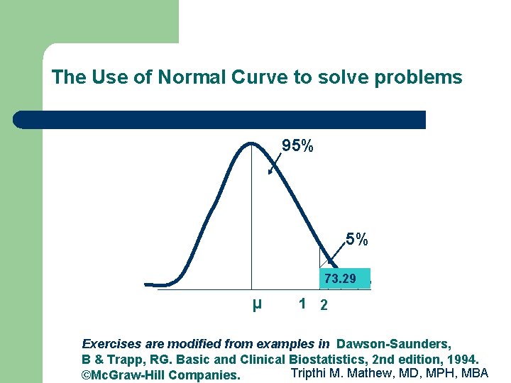 The Use of Normal Curve to solve problems 95% 5% 73. 29 μ 1