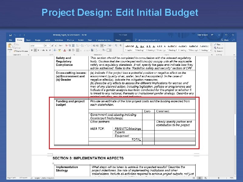 Project Design: Edit Initial Budget 