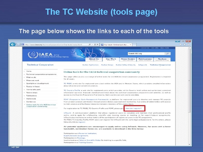 The TC Website (tools page) The page below shows the links to each of