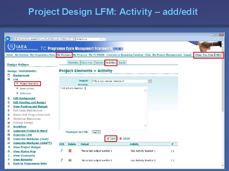 Project Design LFM: Activity – add/edit 
