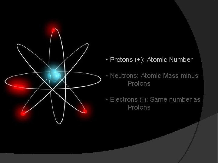 • Protons (+): Atomic Number • Neutrons: Atomic Mass minus Protons • Electrons • Protons (+): Atomic Number • Neutrons: Atomic Mass minus Protons • Electrons