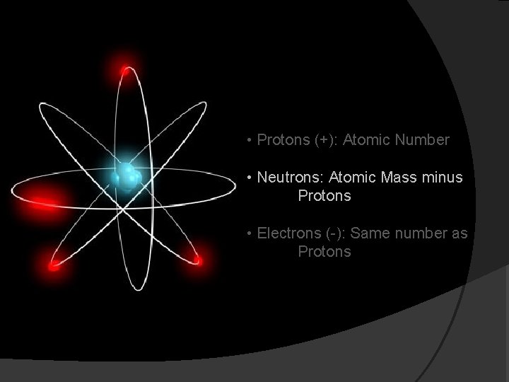 • Protons (+): Atomic Number • Neutrons: Atomic Mass minus Protons • Electrons • Protons (+): Atomic Number • Neutrons: Atomic Mass minus Protons • Electrons