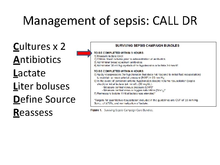 Management of sepsis: CALL DR Cultures x 2 Antibiotics Lactate Liter boluses Define Source