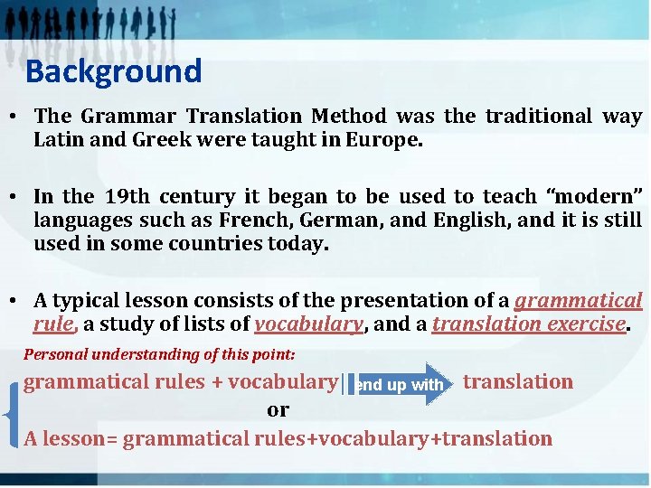 Background • The Grammar Translation Method was the traditional way Latin and Greek were
