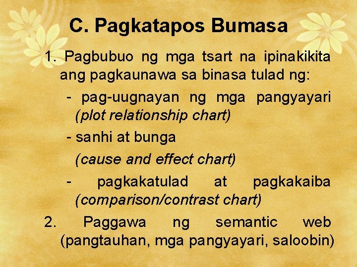 C. Pagkatapos Bumasa 1. Pagbubuo ng mga tsart na ipinakikita ang pagkaunawa sa binasa