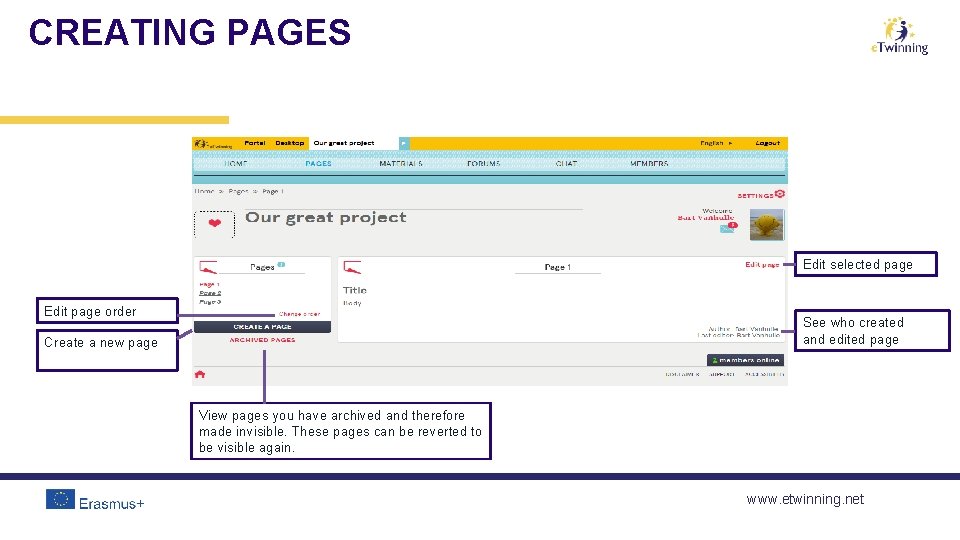 CREATING PAGES Edit selected page Edit page order See who created and edited page