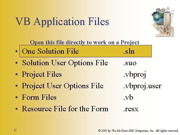 VB Application Files Open this file directly to work on a Project • •