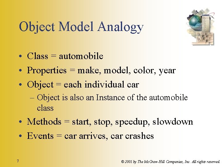 Object Model Analogy • Class = automobile • Properties = make, model, color, year