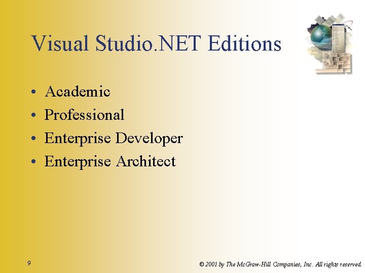 Visual Studio. NET Editions • • 9 Academic Professional Enterprise Developer Enterprise Architect ©