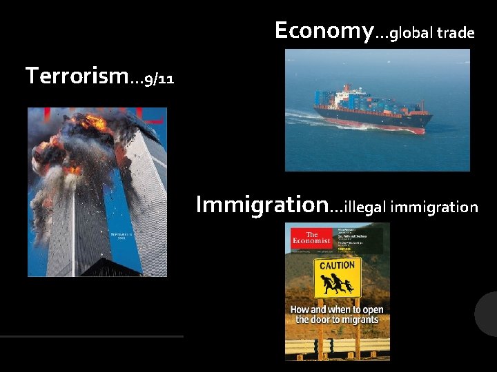 Economy…global trade Terrorism… 9/11 Immigration…illegal immigration 