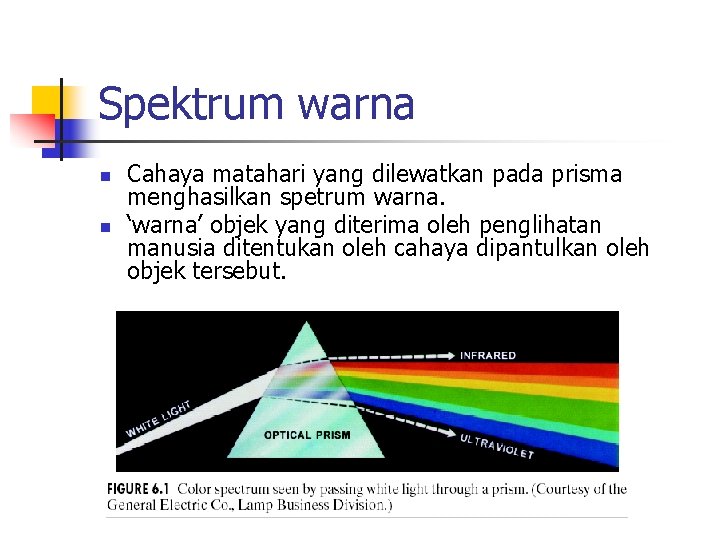 Spektrum warna n n Cahaya matahari yang dilewatkan pada prisma menghasilkan spetrum warna. ‘warna’