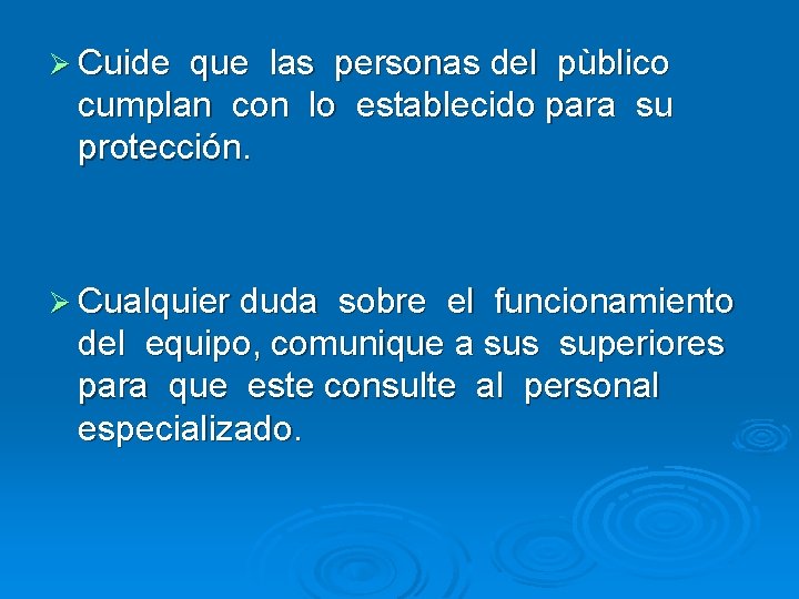 Ø Cuide que las personas del pùblico cumplan con lo establecido para su protección.