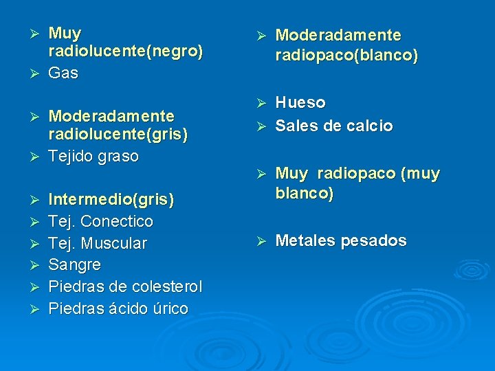 Muy radiolucente(negro) Ø Gas Ø Moderadamente radiolucente(gris) Ø Tejido graso Ø Ø Ø Ø