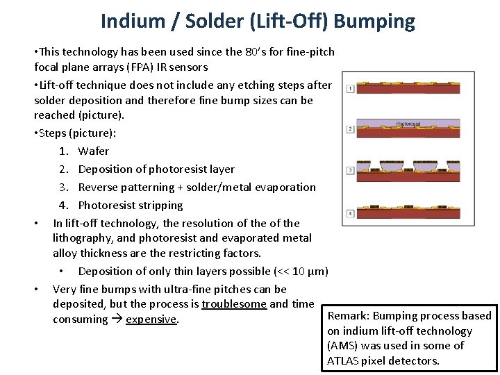 Indium / Solder (Lift-Off) Bumping • This technology has been used since the 80’s