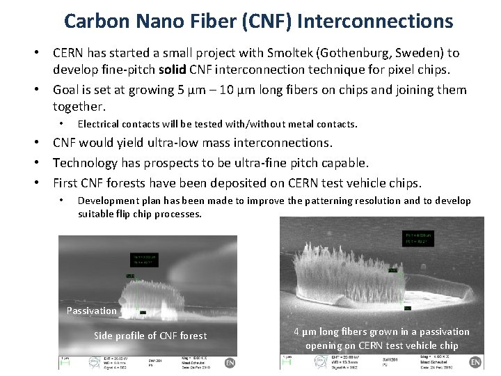 Carbon Nano Fiber (CNF) Interconnections • CERN has started a small project with Smoltek