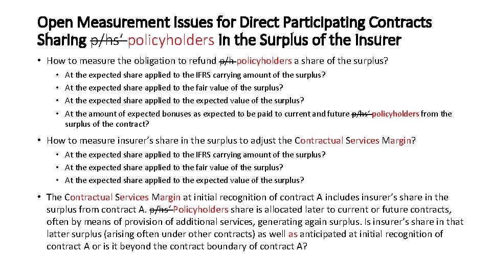 Open Measurement Issues for Direct Participating Contracts Sharing p/hs‘ policyholders in the Surplus of