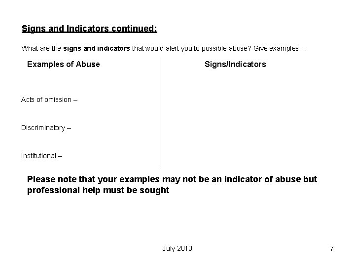Signs and Indicators continued: What are the signs and indicators that would alert you