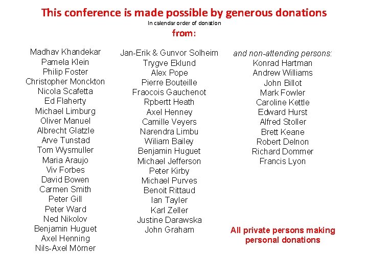 This conference is made possible by generous donations In calendar order of donation from: