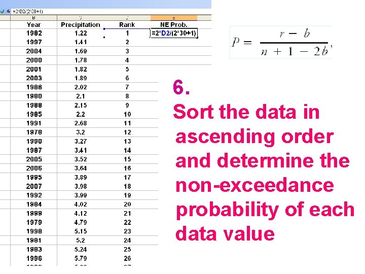 6. Sort the data in ascending order and determine the non-exceedance probability of each