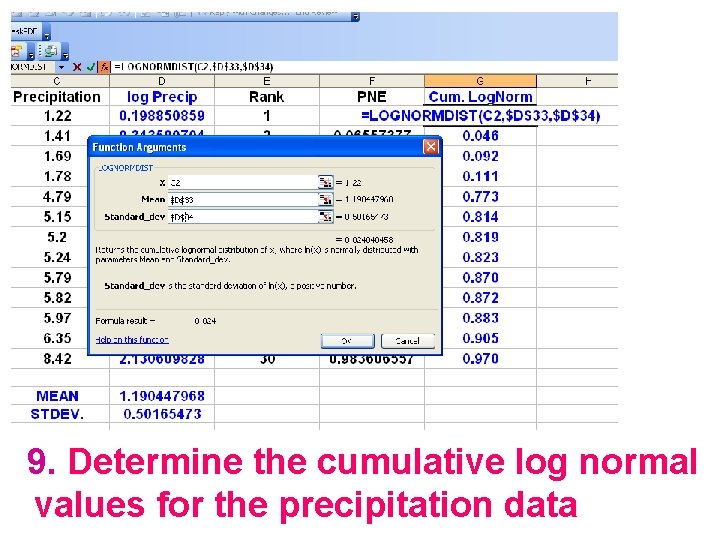 9. Determine the cumulative log normal values for the precipitation data 