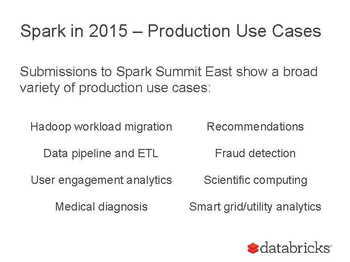 Spark in 2015 – Production Use Cases Submissions to Spark Summit East show a