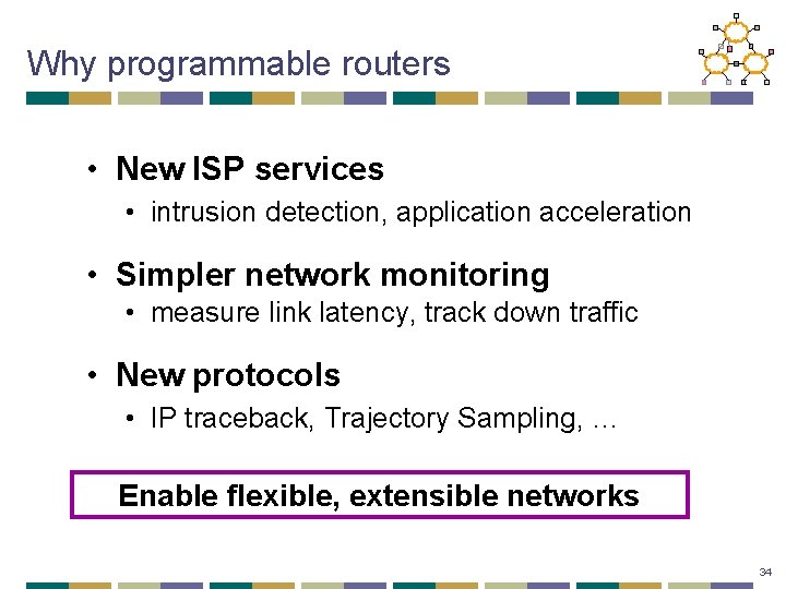 Why programmable routers • New ISP services • intrusion detection, application acceleration • Simpler