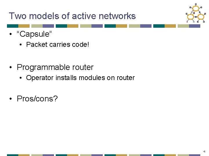 Two models of active networks • “Capsule” • Packet carries code! • Programmable router