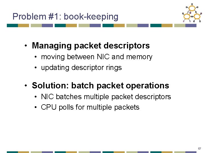 Problem #1: book-keeping • Managing packet descriptors • moving between NIC and memory •