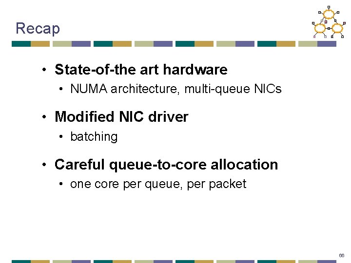 Recap • State-of-the art hardware • NUMA architecture, multi-queue NICs • Modified NIC driver