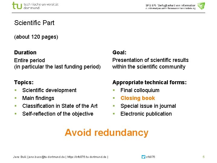 Scientific Part (about 120 pages) Duration Entire period (in particular the last funding period)