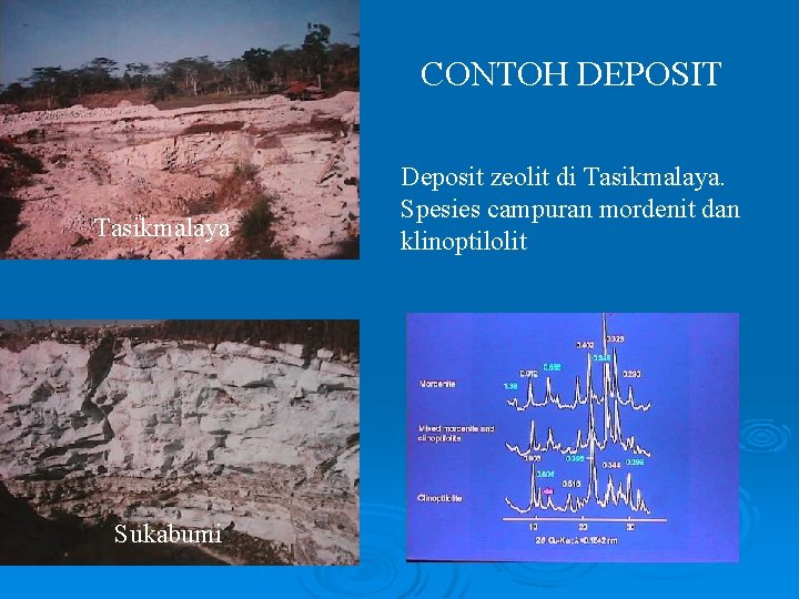 CONTOH DEPOSIT Tasikmalaya Sukabumi Deposit zeolit di Tasikmalaya. Spesies campuran mordenit dan klinoptilolit 