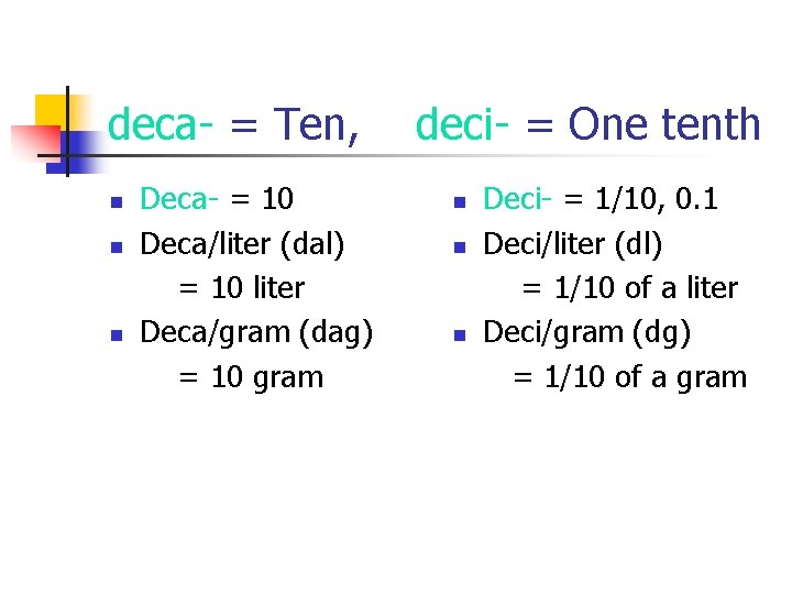 deca- = Ten, n n n Deca- = 10 Deca/liter (dal) = 10 liter