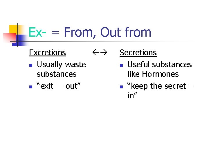 Ex- = From, Out from Excretions n Usually waste substances n “exit — out”