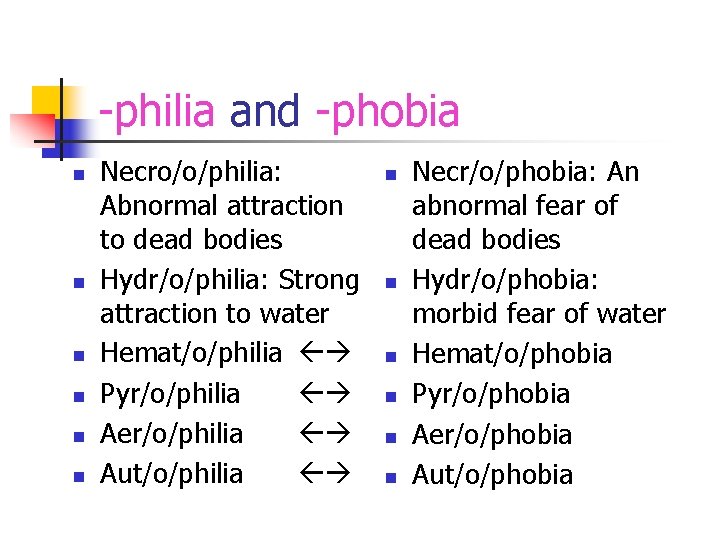 -philia and -phobia n n n Necro/o/philia: Abnormal attraction to dead bodies Hydr/o/philia: Strong