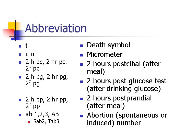 Abbreviation n n n t mm 2 h pc, 2 hr pc, 2 o